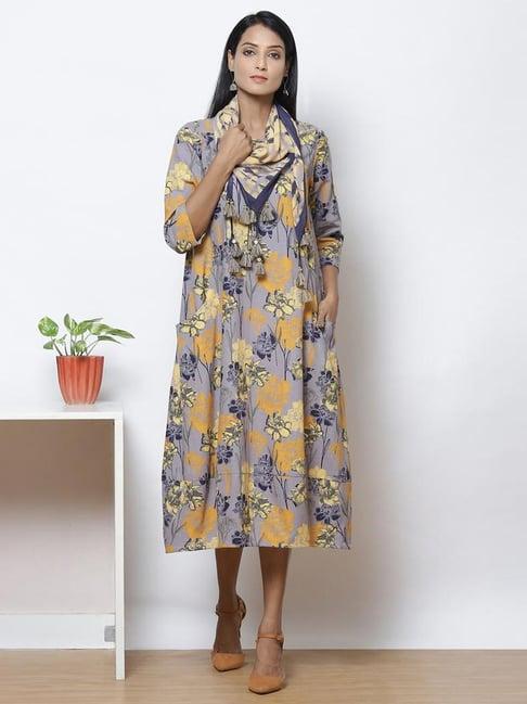 biba grey & yellow printed a-line dress with stole