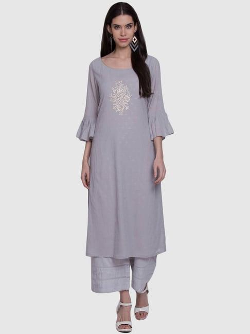 biba grey cotton printed straight kurta