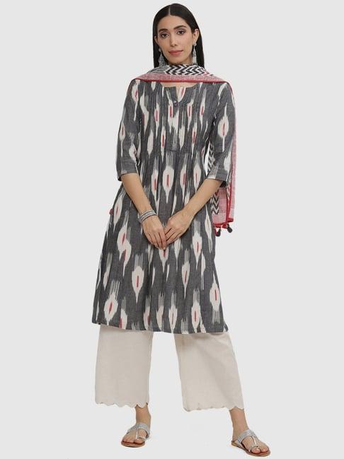 biba grey cotton woven pattern a line kurta with dupatta