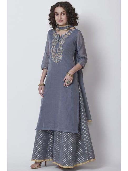 biba grey embroidered kurta skirt set with dupatta