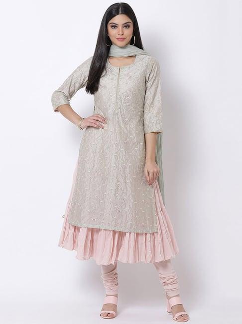 biba grey embroidered kurta with churidar & dupatta