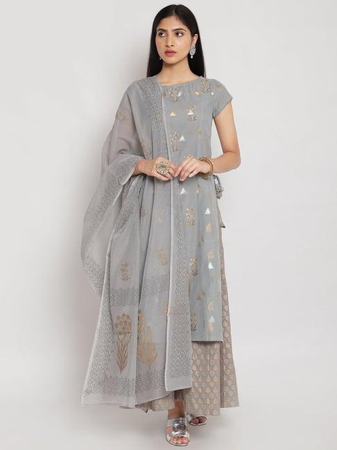 biba grey printed kurta palazzo set with dupatta