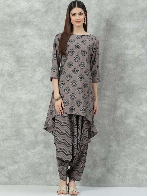 biba grey printed kurti dhoti pant set