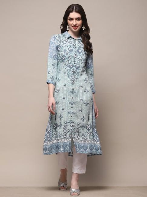 biba ice blue printed a line kurta