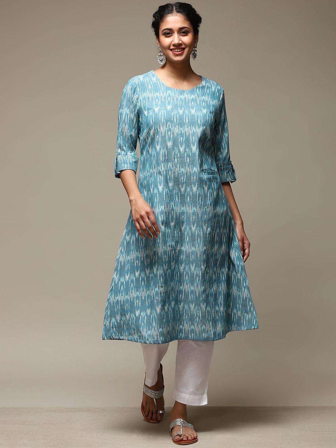 biba ikat printed roll-up sleeves a-line cotton kurta