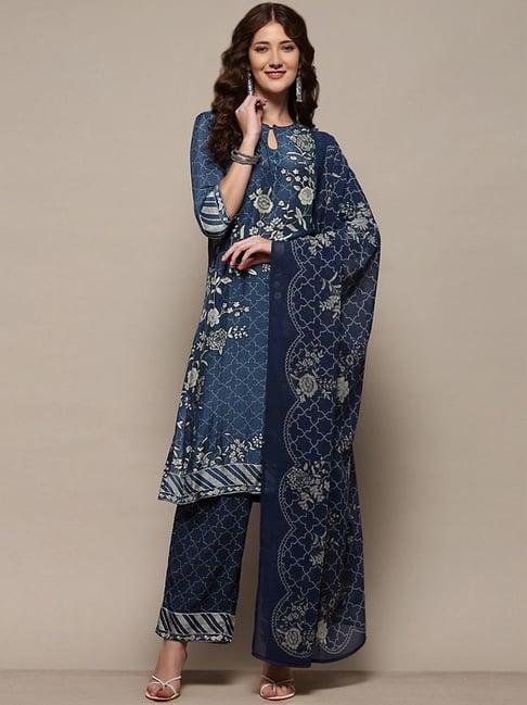 biba indigo blue floral print kurta palazzo set with dupatta