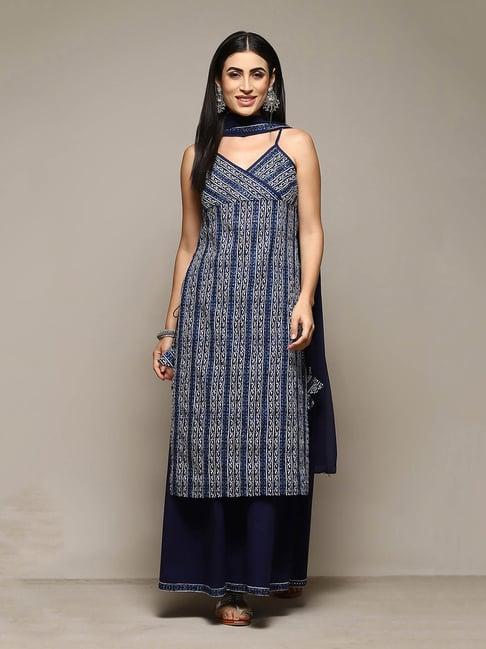 biba indigo printed kurta with palazzo & dupatta