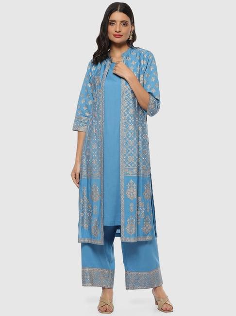 biba ink blue printed kurta palazzo set with jacket