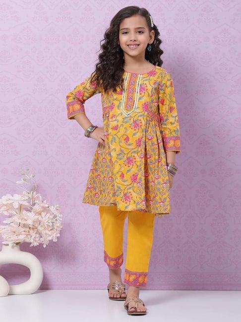 biba kids yellow & pink cotton floral print kurta set