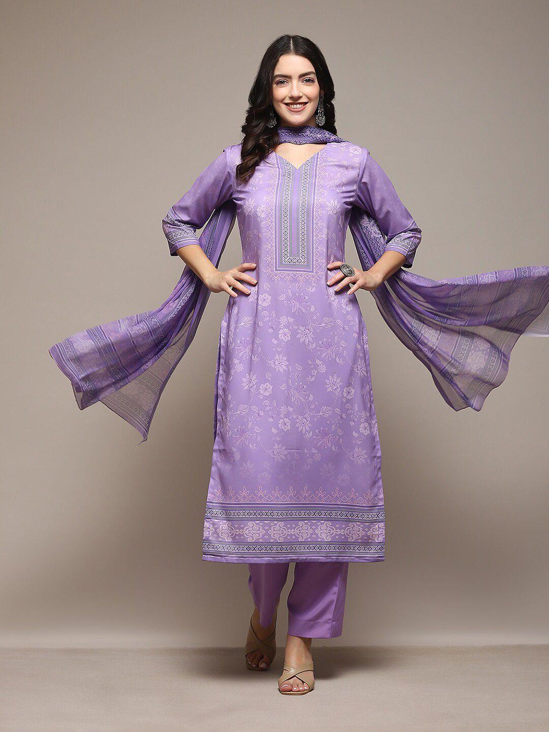 biba lavender & white printed unstitched dress material