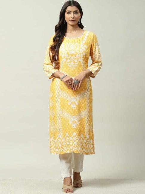 biba light yellow printed kurti