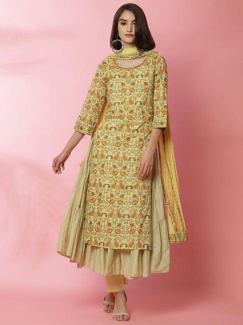 biba light yellow printed suit set