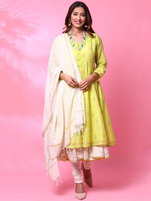 biba lime & ivory printed kurta with churidar & dupatta