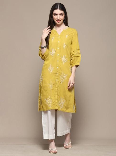 biba lime green floral print straight kurta