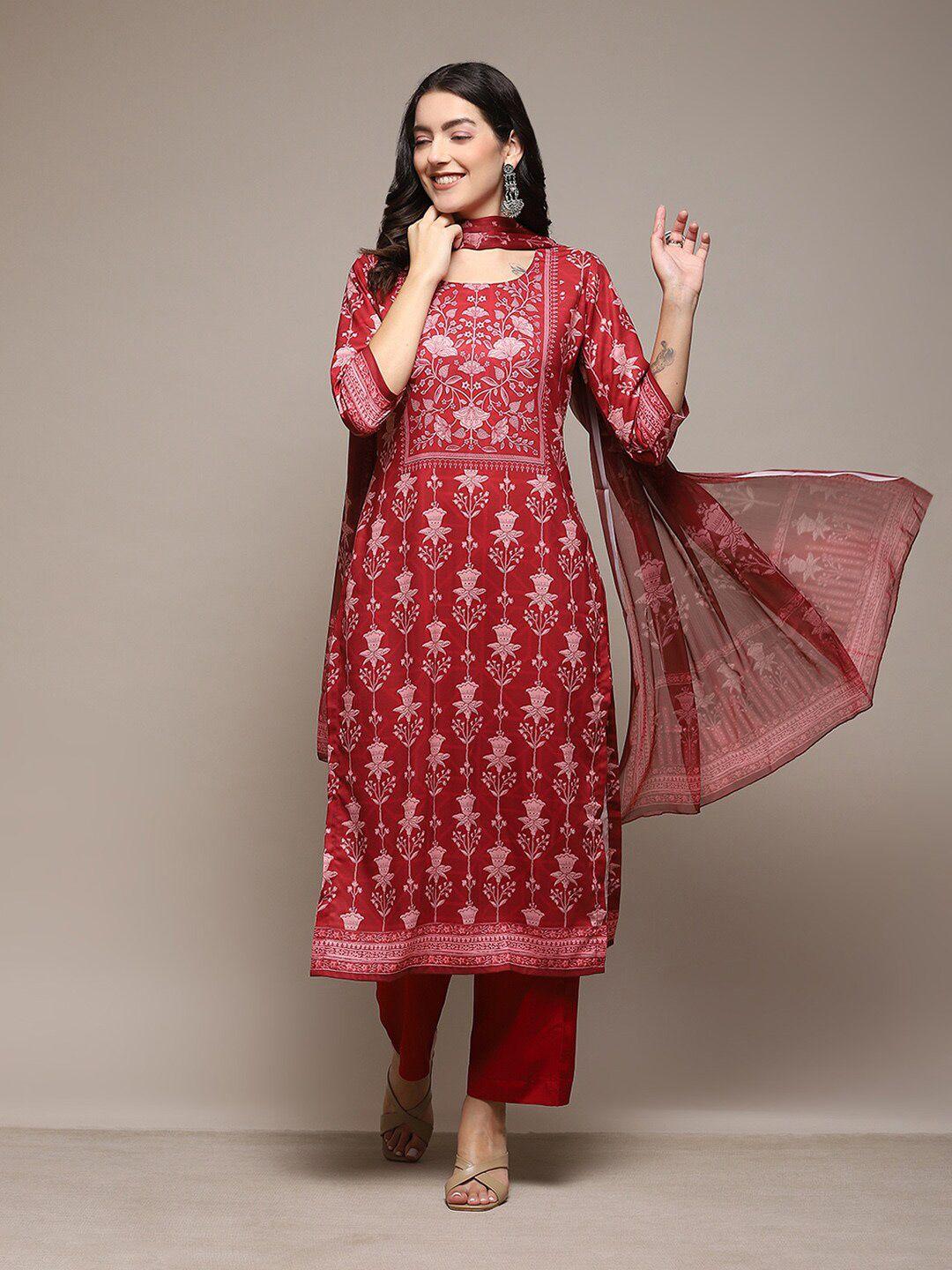 biba maroon & white printed unstitched dress material