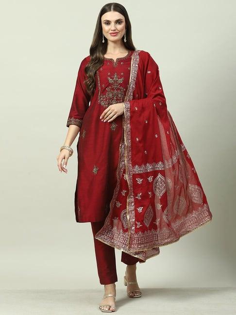 biba maroon embroidered kurta with pants & dupatta