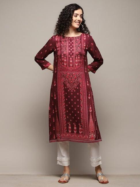 biba maroon printed straight kurta