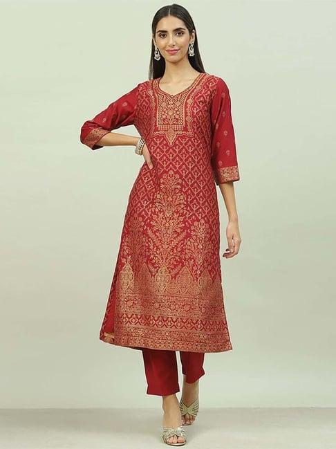 biba maroon woven pattern kurta pant set with dupatta