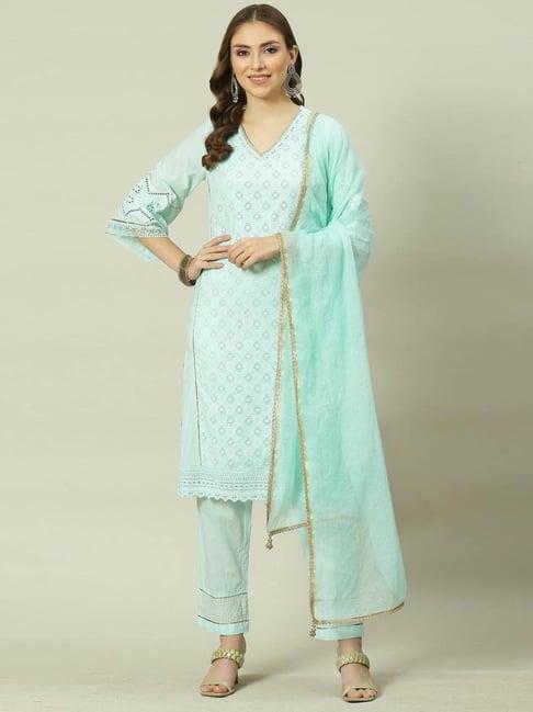 biba mint green cotton embroidered kurta pant set with dupatta