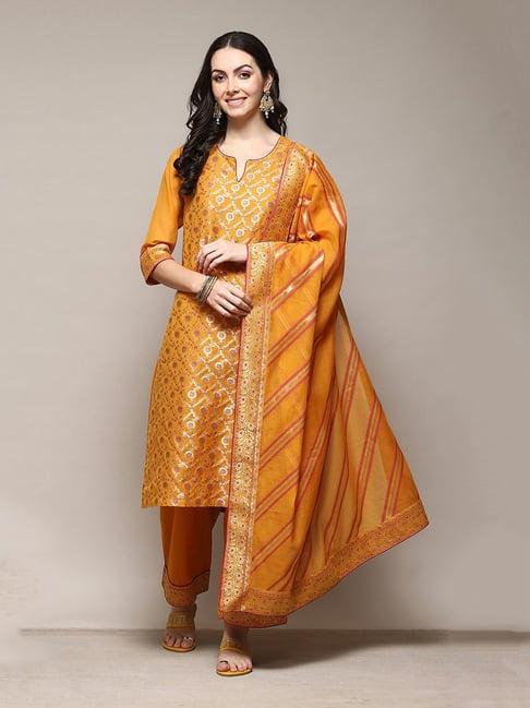 biba mustard cotton printed kurta with palazzo & dupatta