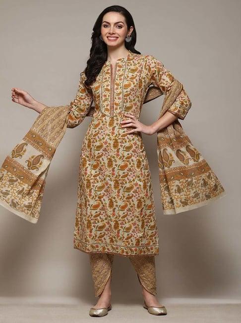 biba mustard cotton printed unstitched dress material