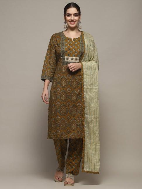 biba mustard cotton printed unstitched suit set