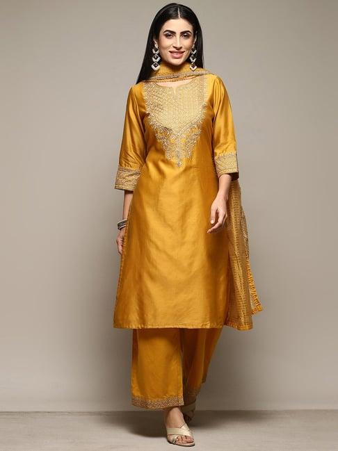 biba mustard embroidered kurta palazzo set with dupatta