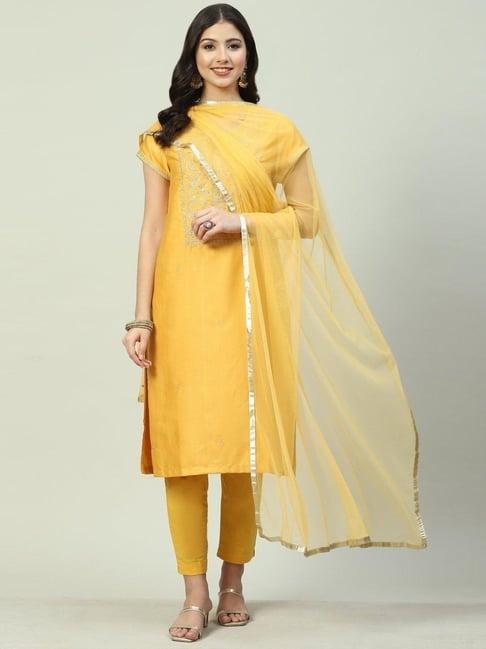 biba mustard embroidered kurta pant set with dupatta