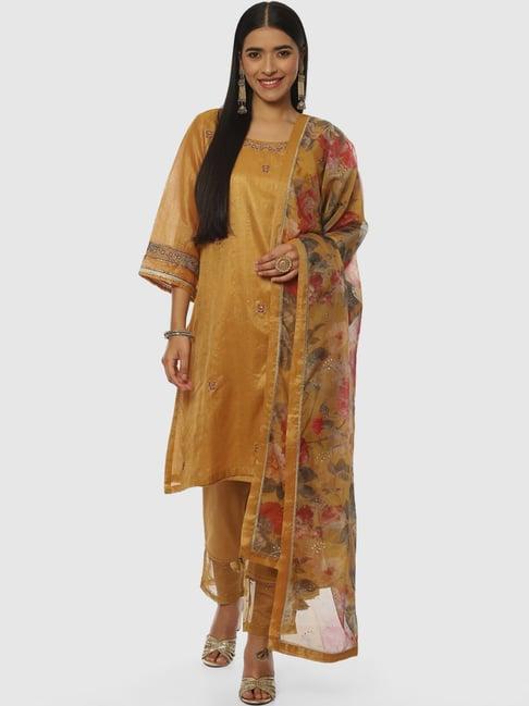 biba mustard embroidered kurta pant set with dupatta