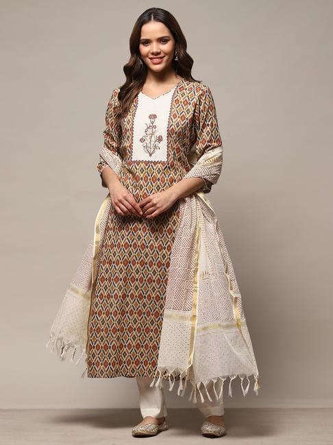 biba mustard printed cotton unstitched dress material