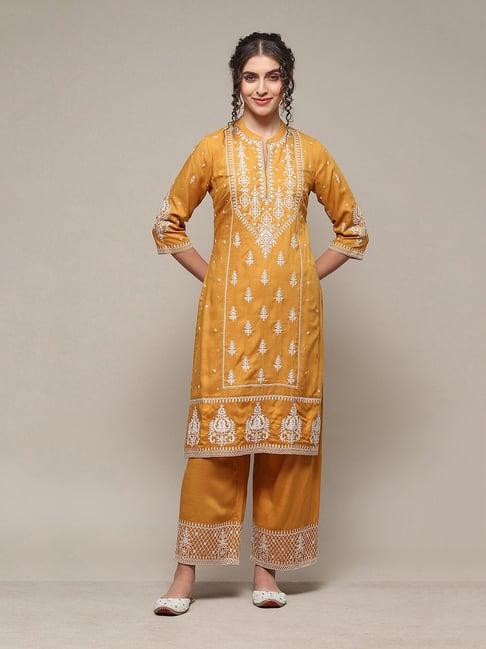 biba mustard rayon embroidered kurta & palazzo set