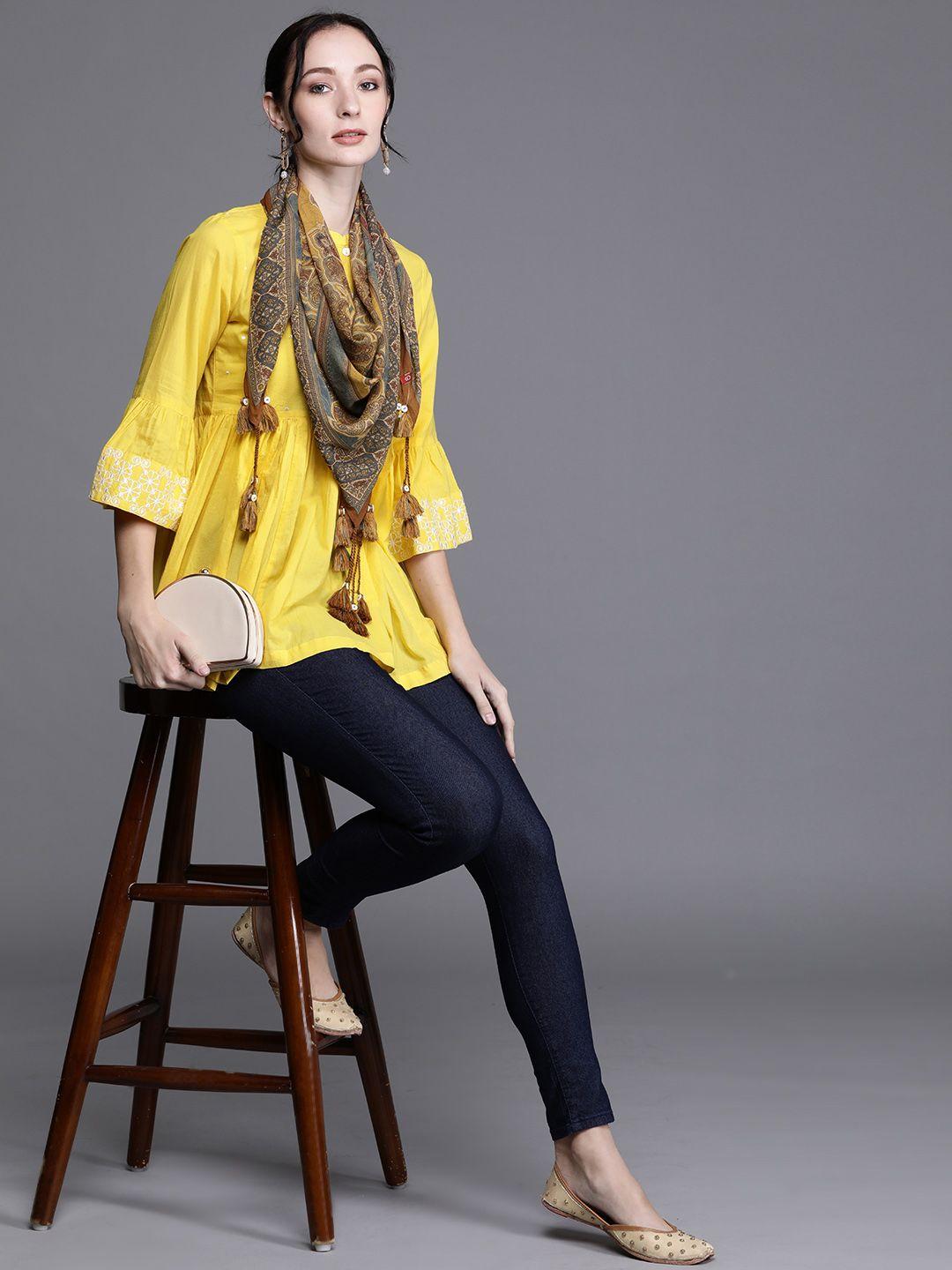 biba mustard yellow & blue ethnic motifs printed scarf
