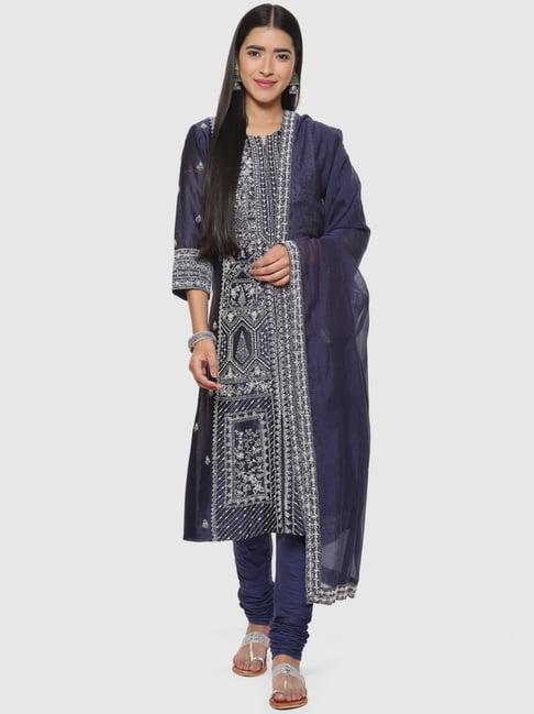 biba navy cotton embroidered kurta churidar set with dupatta