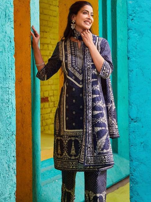 biba navy cotton printed kurta palazzo set with dupatta