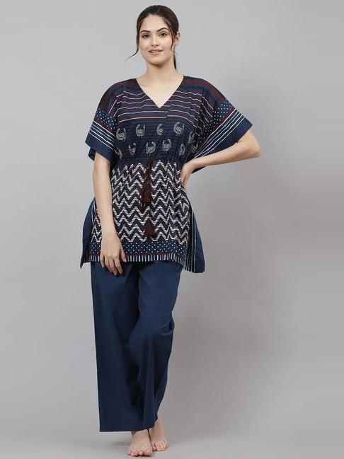 biba navy cotton printed tunic & pyjama set