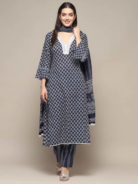 biba navy cotton printed unstitched dress material