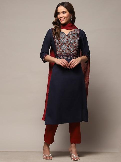 biba navy printed cotton unstitched dress material