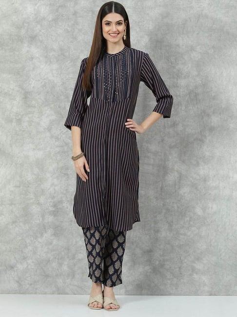 biba navy striped kurta pant set