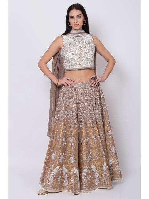 biba off-white & brown embroidered lehenga choli set with dupatta