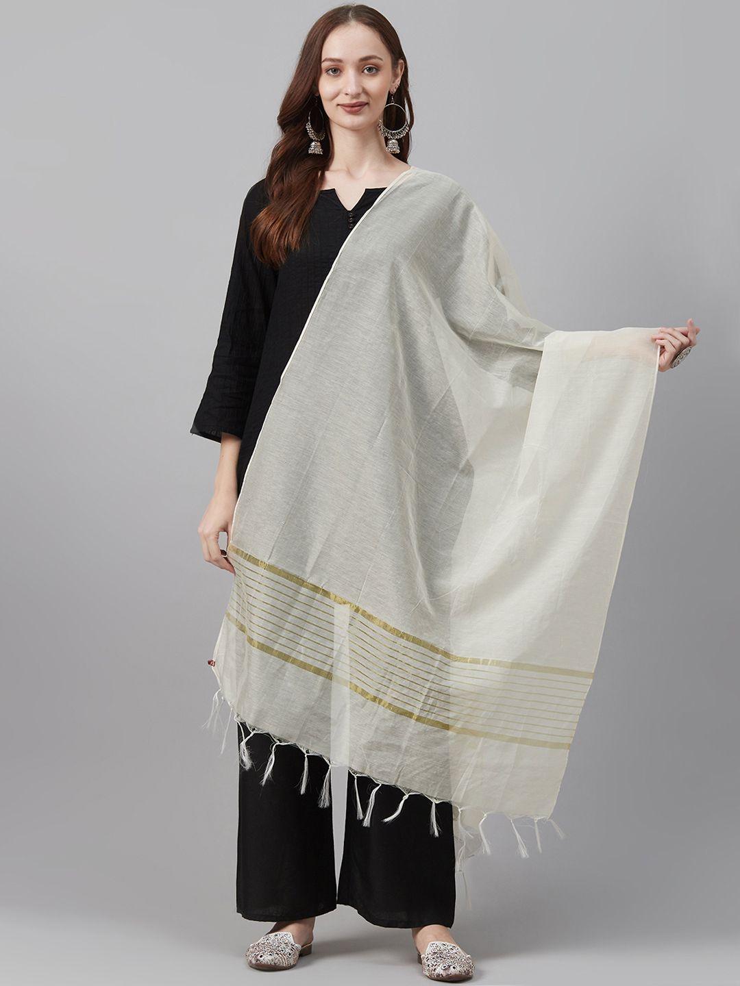 biba off-white & golden solid cotton dupatta