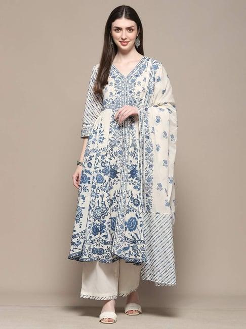 biba off-white cotton floral print kurta palazzo set with dupatta