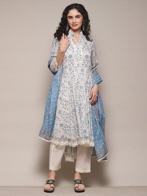 biba off-white cotton printed kurta pant set with dupatta