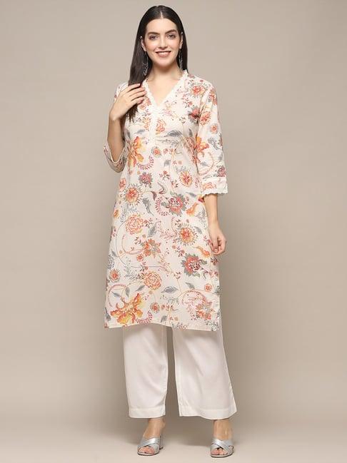 biba off-white cotton printed straight kurta