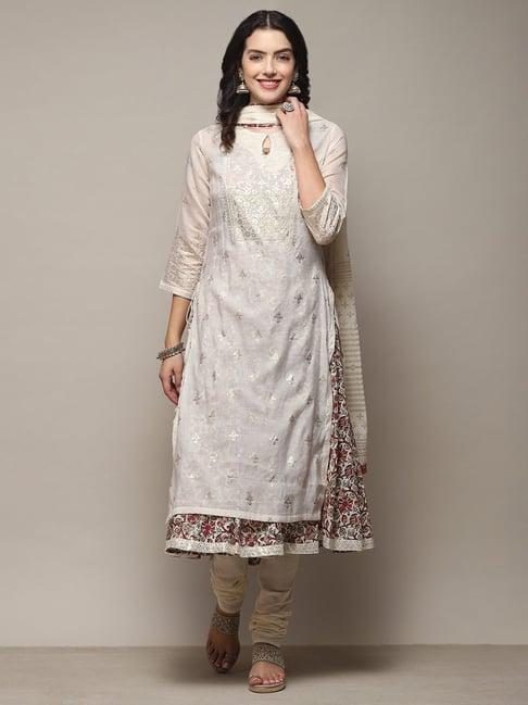 biba off-white cotton woven pattern kurta churidar set with dupatta