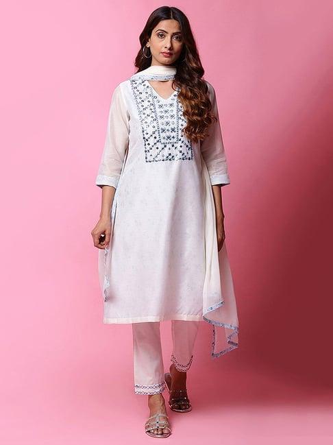 biba off white embellished kurta with pant & dupatta