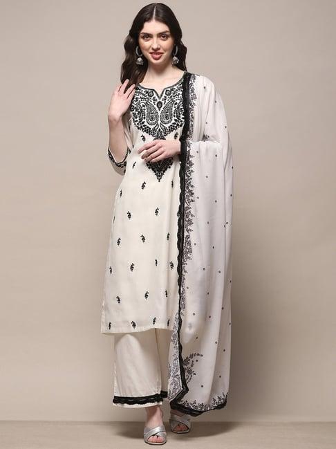 biba off-white embroidered kurta palazzo set with dupatta