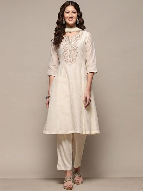 biba off-white embroidered kurta pant set with dupatta