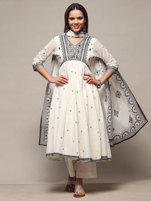 biba off white embroidered kurta with palazzo & dupatta