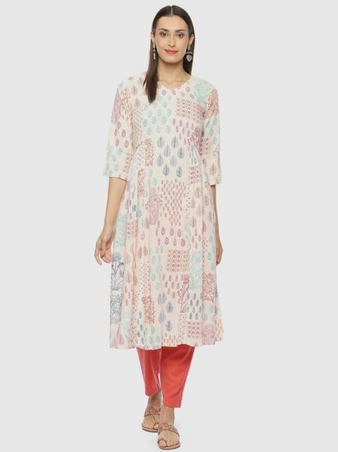 biba off-white printed a line kurta