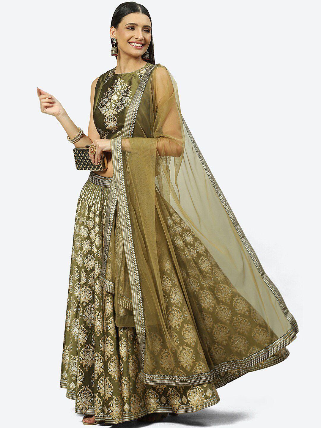 biba olive green & gold-toned printed lehenga choli with dupatta